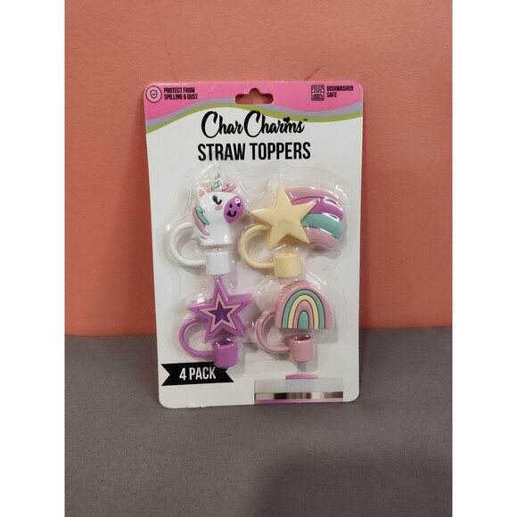 CharCharms Straw Toppers 4 Pack Unicorn Rainbow - Picture 1 of 2